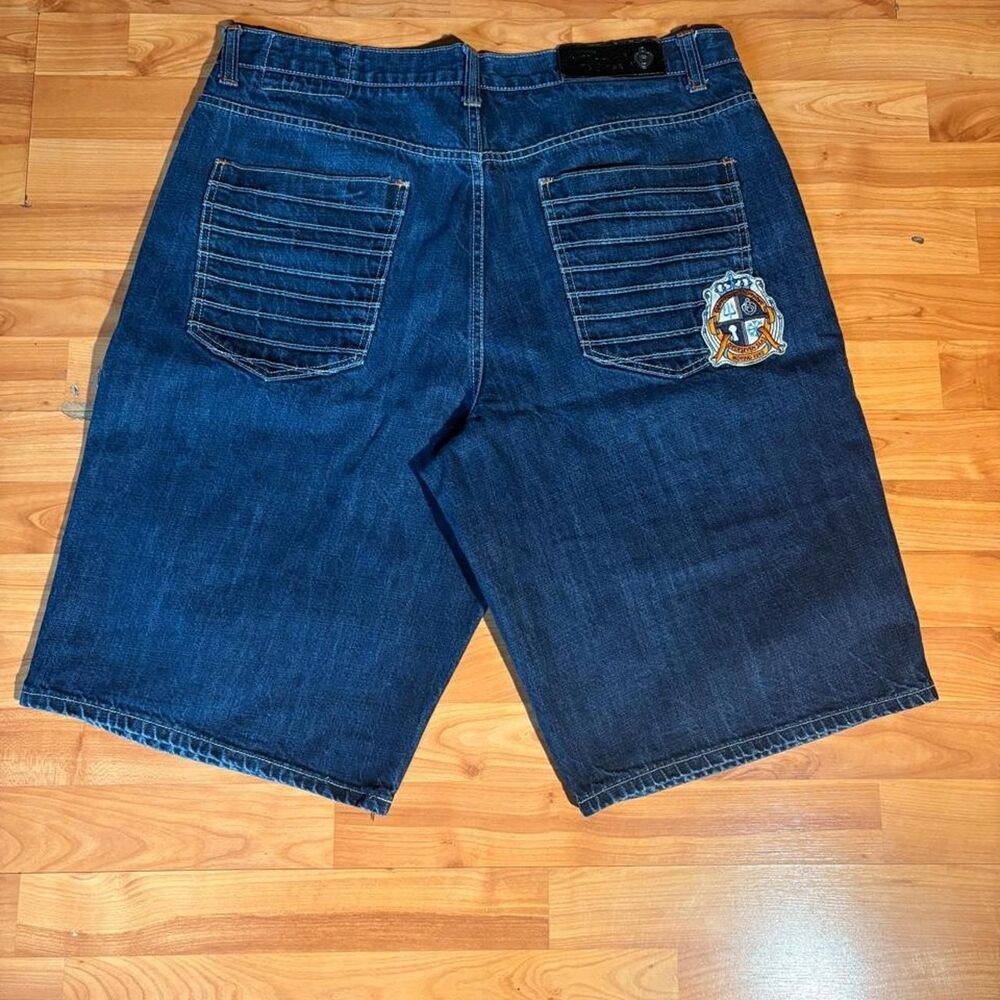 Y2K Blue Denim Shorts Cool Back Pocket Design Size 40 Skater Streetwear
